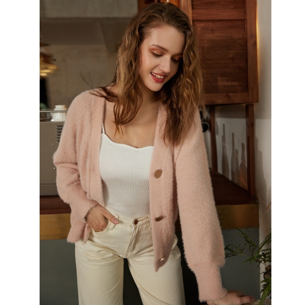 Soft and Fuzzy V-Neck Buttoned Cardigan - Picture 7 of 15